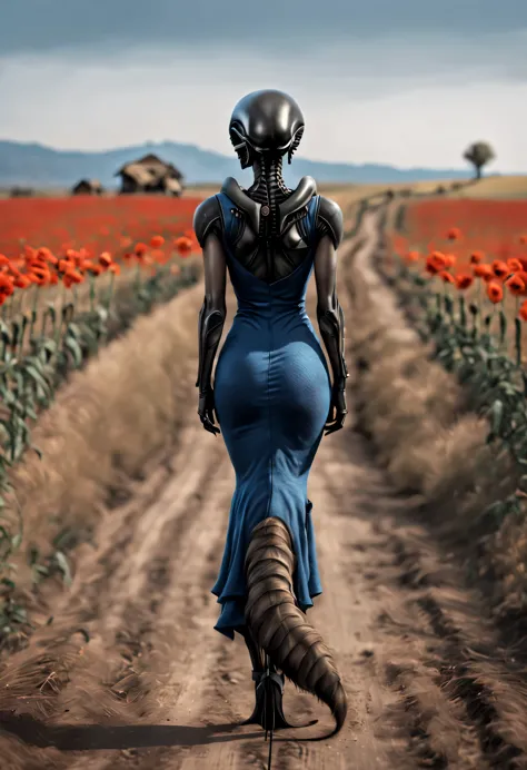 artwork of female xenomorph wearing blue wool summer dress, xenowaifu, backview, red lips, standing on a dirt road, ranch in bac...