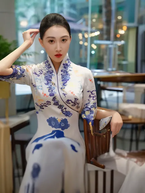 Araf woman in white and blue dress sitting on chair, 穿着蓝色cheongsam, cheongsam, Chinese traditional clothing, Wearing gorgeous silk clothes, in a blue qipao, Paired with ancient Chinese costumes, Wearing ancient Chinese clothes, white hanfu, cheongsam, Chin...