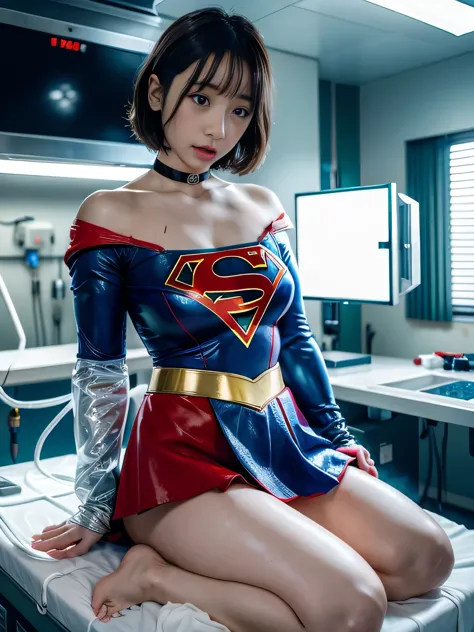 masterpiece、Supergirl with short hair lying injured on the operating table in the operating room、tattered clothes、big and full b...