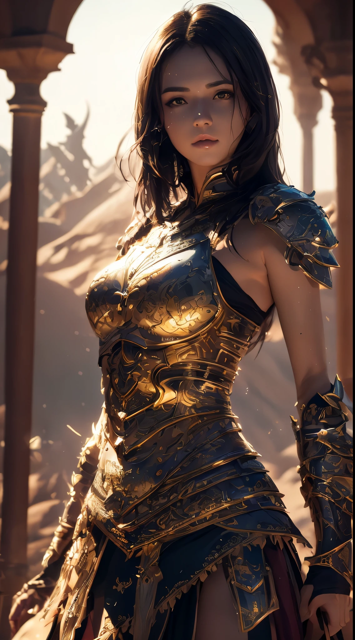 master piece, bokeh, best quality, photorealistic, ultra high resolution, 1 mature female, ultra detailed closeup portrait,

dragon bone full body armor combined with red plated skirt,

super long straight black hair, beautiful red eyes, ultra detailed armpit, sweaty armpit, glossy skin, gorgeous,

desert, strong back lighting, volumetric lighting, soft lighting