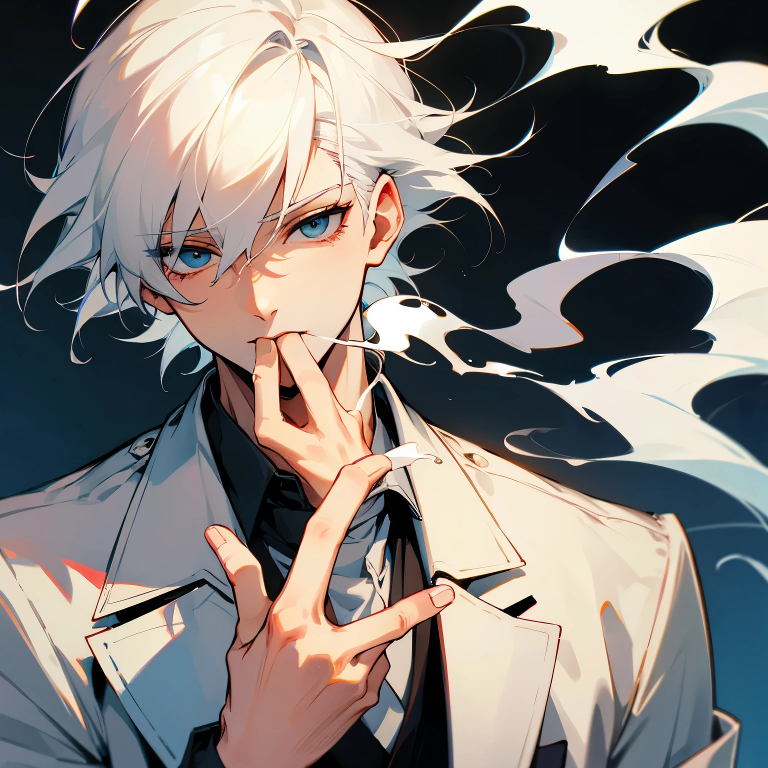 Anime guy with white hair and blue eyes smoking a cigarette - SeaArt AI