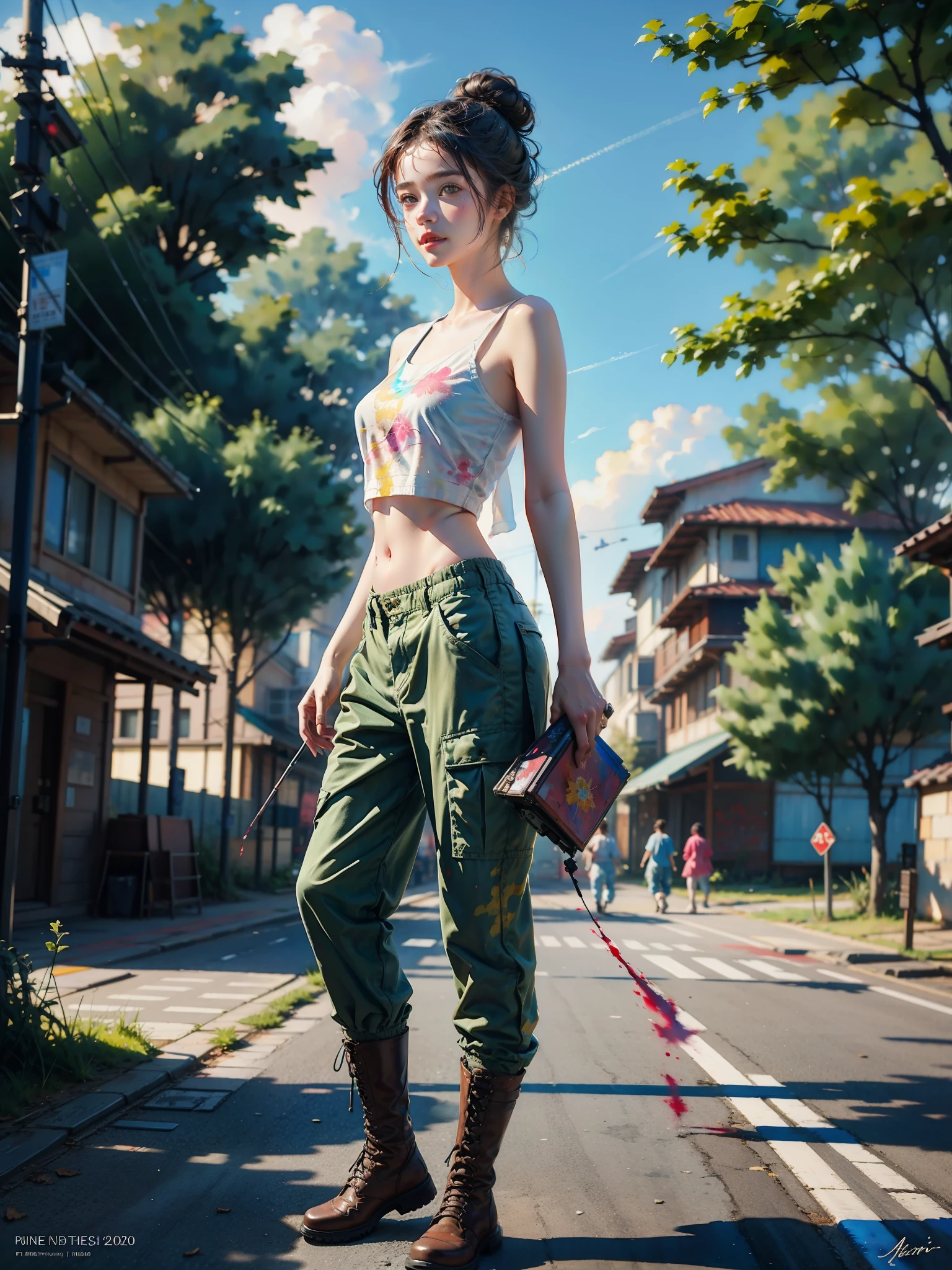 samdoesarts; Portrait demi-corps primé d&#39;une belle femme dans un croptop et un pantalon cargo, bottes militaires, debout dans la rue, un léger sourire,  Des éclaboussures de peinture, cheveux en chignon, éclabousser, dépasser, vaporisateur,  art numérique, tendance sur artstation, très détaillé, détail fin, complexe par Jeremy Mann, Mathieu Merian l&#39;Ancien, Pino Daeni, Robert Rauschenber, par beksinski