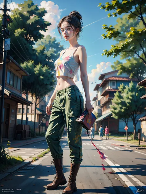samdoesarts; award winning half body portrait of a beautiful woman in a croptop and cargo pants, military boots, standing on the...