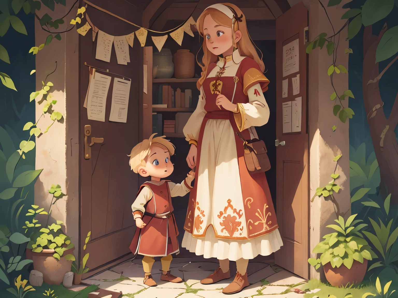 Medieval Europe, medieval clothing, ancient times,A mother holding a 5-year-old boy stood in front of the door, her whole body((blond hair)), watercolor, medieval style,