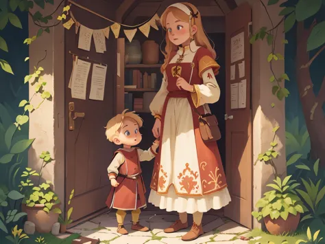 medieval europe, medieval clothing, ancient times,a mother holding a 5-year-old boy stood in front of the door, her whole body((...