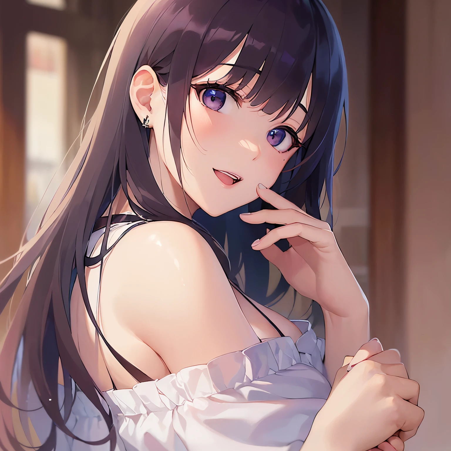 (looking back:1.5), (Clasping own hands:1.3), Realistic, real person, RAW photo, photorealistic, portrait photography, shiny skin, japanese idol、(A 20-year-old woman with black bangs and purple eyes.) and (blunt bangs) and (straight midium hair), cleavage, (She is wearing a white off-shoulder blouse.:1.5)、(smile:1.2), open mouth, Alone、staring at、Background outside、Are standing
