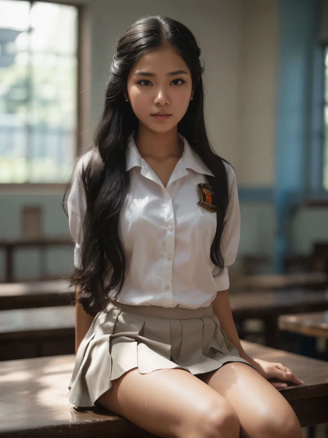 At bright day at indonesian high school, hyper ultra realistic photography, dramatic light, natural full body of beautiful Indonesian Javanese girl, 16 years old, moist shiny full sweat skin, long black hair braid hairstyle, raise her hands, wearing indonesian high school tight & wet high uniform, all button are opened, showing cleavage of her big breast & teaseing her red lace brassire, wear blue grey skirt, environtment on dramatic light tungsten, ultra realistic photo, HDR10 8K top angle camera, good anatomy, good proportion of body hand & fingers --style raw --v 6.0