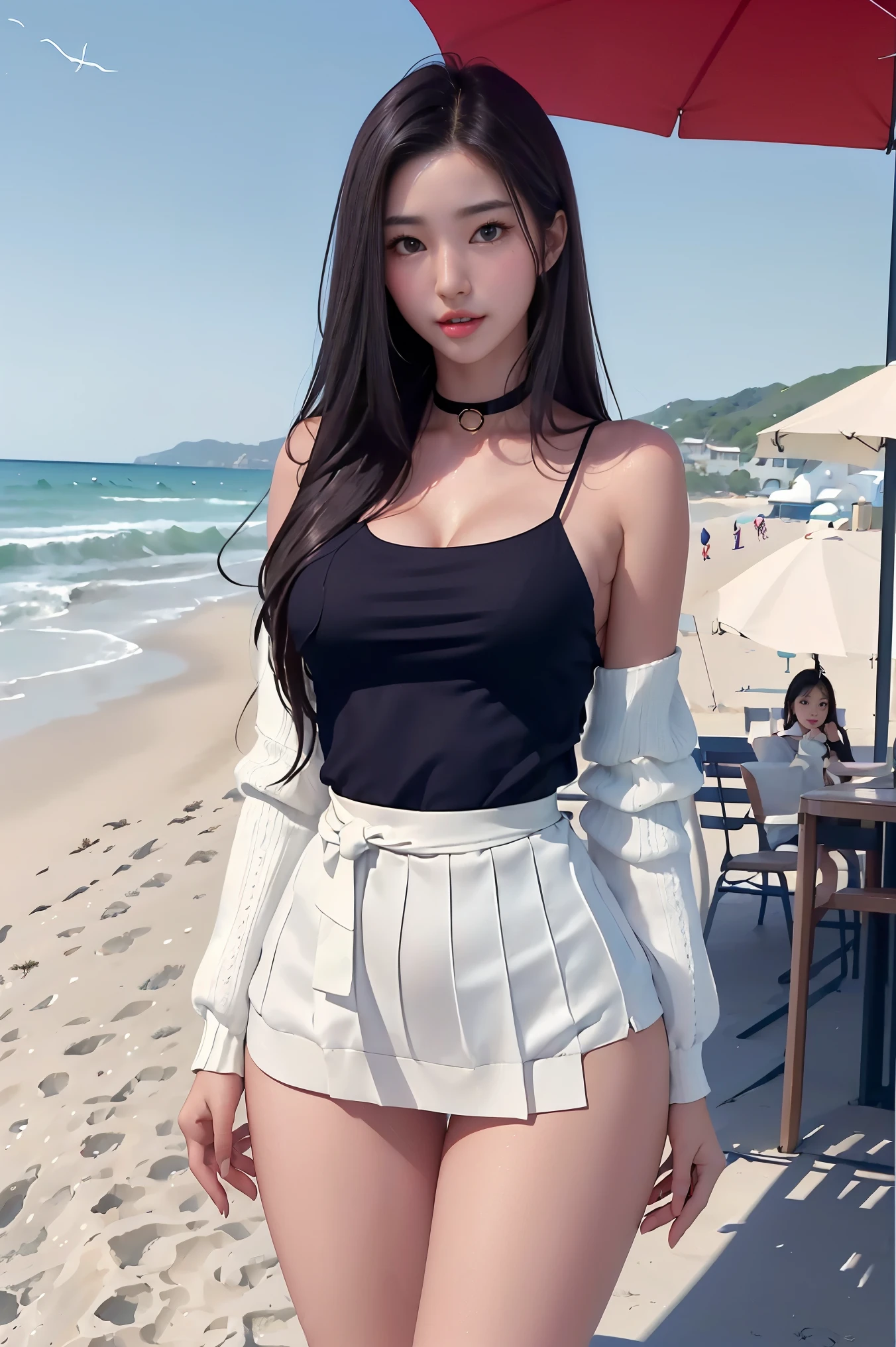 masterpiece, best quality, realistic, ultra-detailed, detailed,1 girl,(asian,idol,solo,collar,thin waist, small size breases,long hair, brown hair, beautiful thighs)(kimono, pleated skirt, V-shaped slip sweater, Outerwear, Stocking,Shirt.) at the beach club,(PureErosFace_V1:0.7)