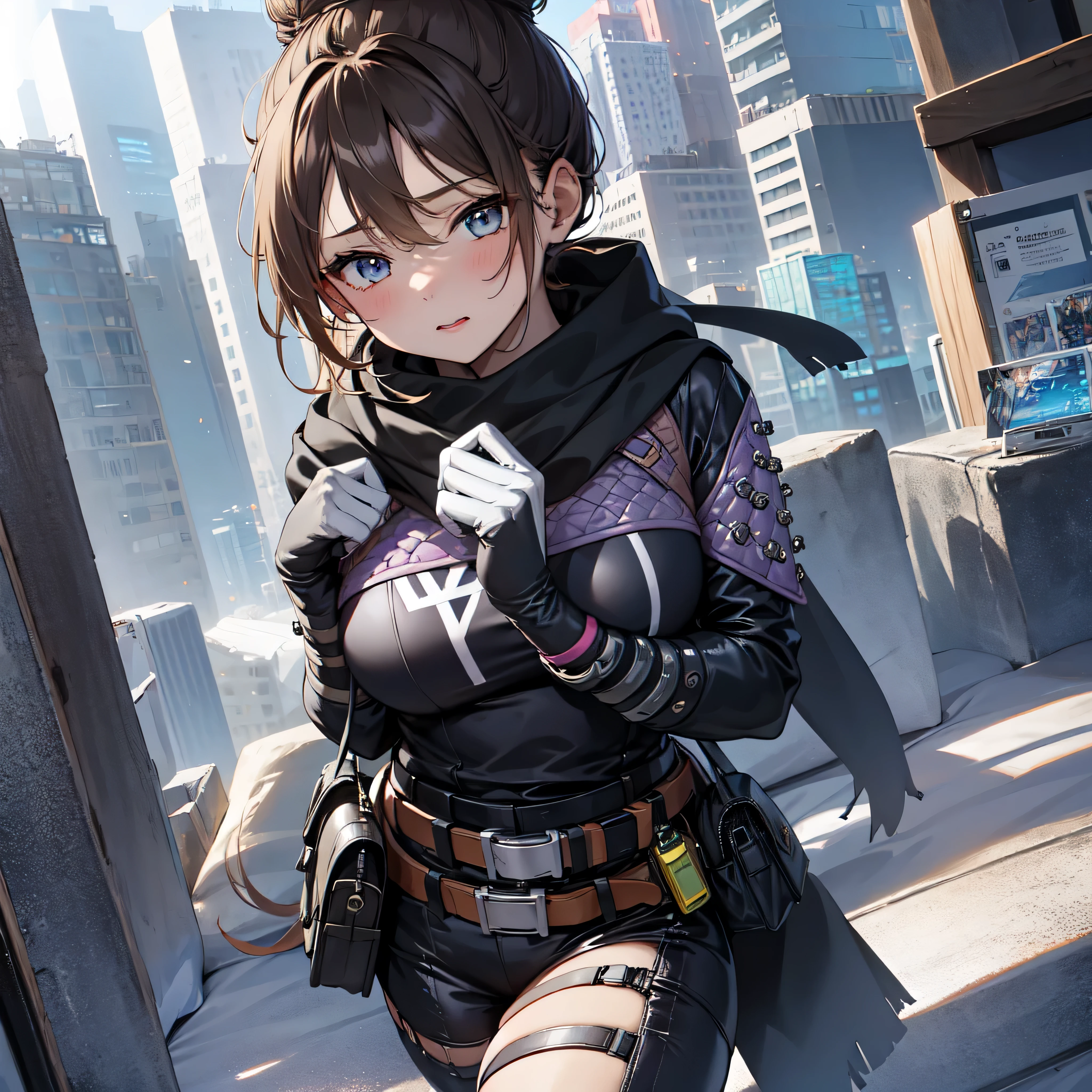  1 girl, alone, シングルヘアbun hair, bun hair, body suit, scarf, 黒のbody suit, holding, chest, black hair, Black scarf, Large chest, blue eyes, belt bag, brown belt, bangs, 分けたbangs, hair behind the ear, gloves, nose piercing, 黒いgloves, thigh strap, looking at the viewer,laughter、cyber punk、purely、(building:1.4)