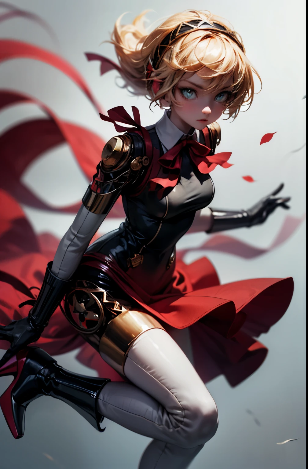 ((masterpiece)), dynamic angle, robotic aesthetic, aegis, gloves, red ribbon, black high heels,  mechanical hairband, FernFrieren, hair,  realistic eyes, ( pupils), looking down, straight-on, expressionless, arms apart, standing ready for battle, looking at viewer, large breasts, ultra detailed, masterpiece, best quality, aesthetic, detailed,(super detailed eyes)