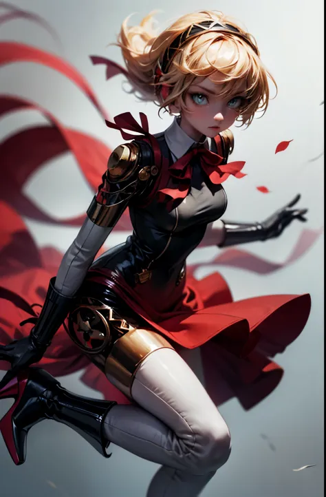 ((masterpiece)), dynamic angle, robotic aesthetic, aegis, gloves, red ribbon, black high heels,  mechanical hairband, FernFriere...