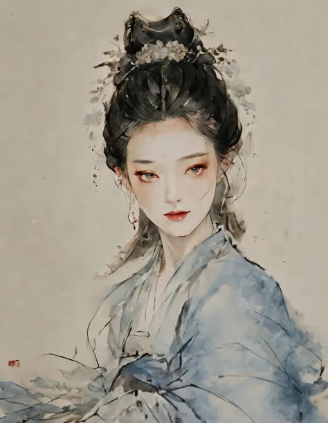 movie light, Fashion, Overhead light, close up, close up, spotlight, hazy, Chen Jiahan, ink portrait, Mu Xia, female model, gorg...