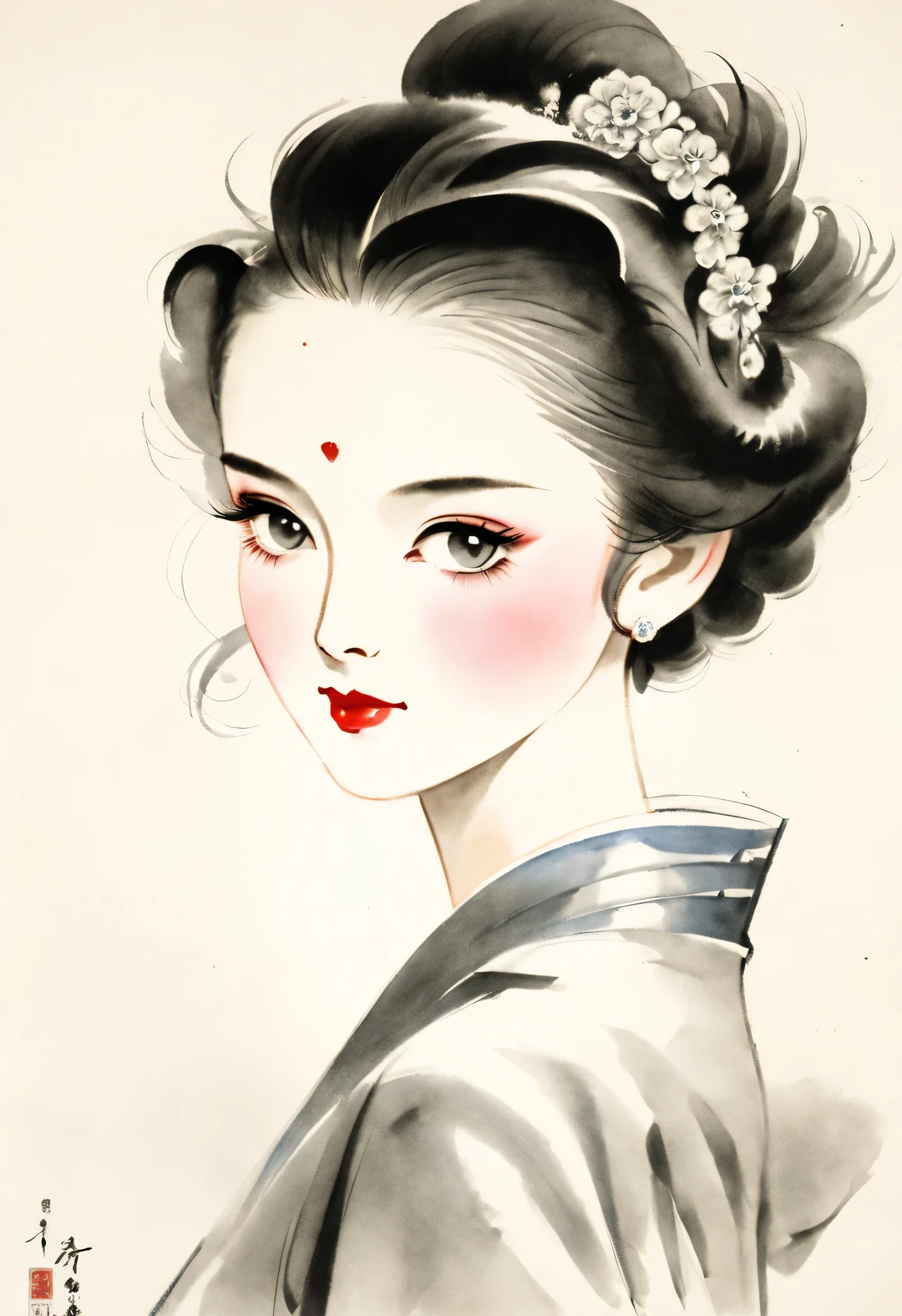 Retratos em tinta chinesa de mulheres bonitas na década de 1930, Luzes de cinema com penteado dos anos 1930, moda, Luz aérea, fechar-se, fechar-se, Holofote, nebuloso, Chen Jialeng, Mu Xia, Roupas lindas, arte de linha, Pintura a tinta,