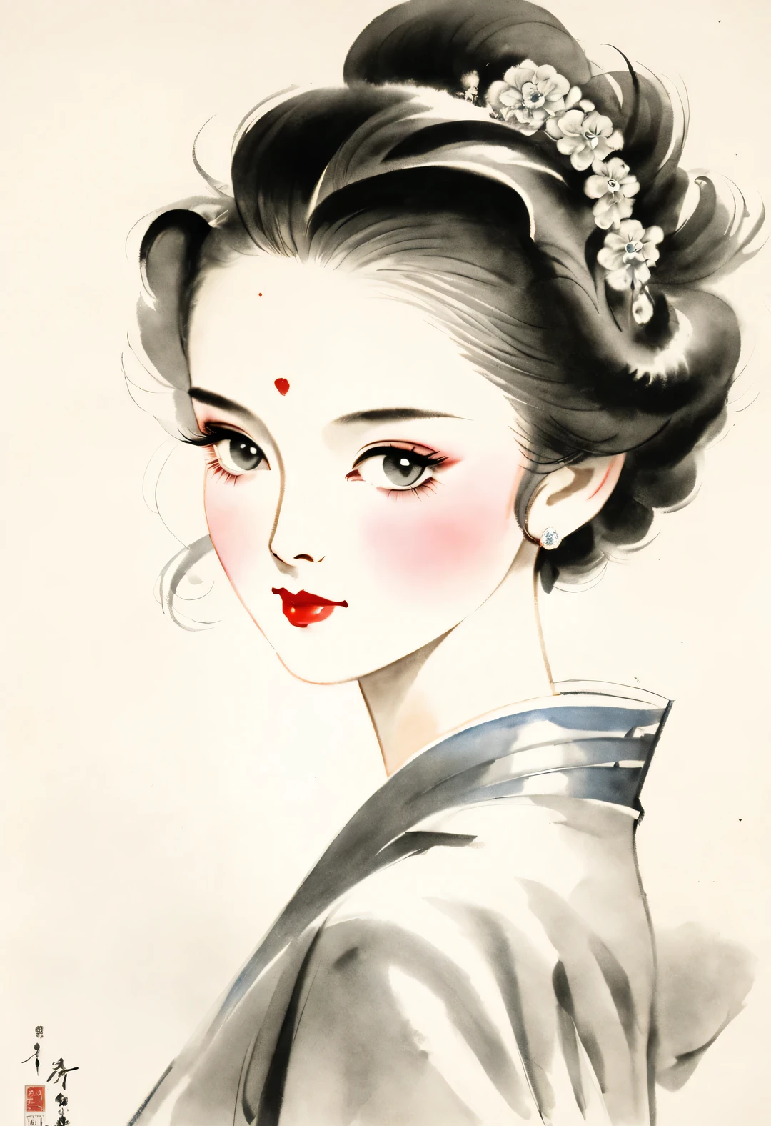 Chinese ink portraits of beautiful women in the 1930s, Movie lights with 1930s hairstyle, Fashion, Overhead light, close up, close up, spotlight, hazy, Chen Jialeng, Mu Xia, gorgeous clothes, line art, ink painting,