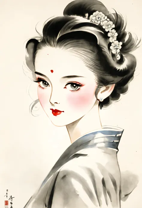 Chinese ink portraits of beautiful women in the 1930s, Movie lights with 1930s hairstyle, Fashion, Overhead light, close up, clo...