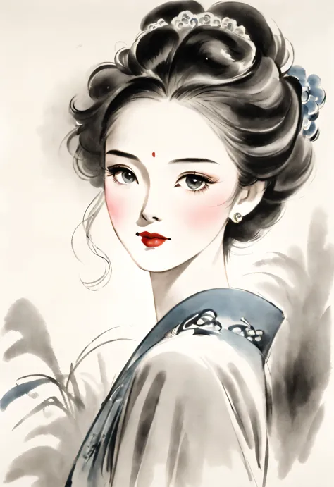 Chinese ink portraits of beautiful women in the 1930s, Movie lights with 1930s hairstyle, Fashion, Overhead light, close up, clo...