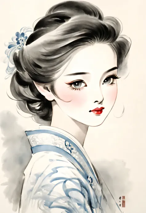 Chinese ink portraits of beautiful women in the 1930s, Movie lights with 1930s hairstyle, Fashion, Overhead light, close up, clo...