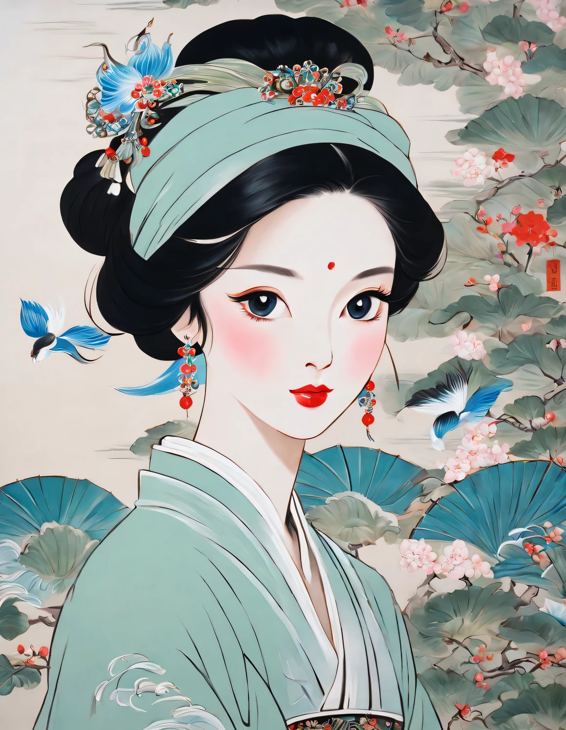 Desenho aproximado de uma mulher usando lenço na cabeça, mulher chinesa, retrato art déco, inspirado em Pan Yuliang, Obras de arte no estilo Shenglin, Menina chinesa, autor：Zhang Sengyao, Inspired por Qiu Ying, por Qiu Ying, inspirado em Tang Di, por Cheng Jiasui, rainha da china, autor：Xie Sol