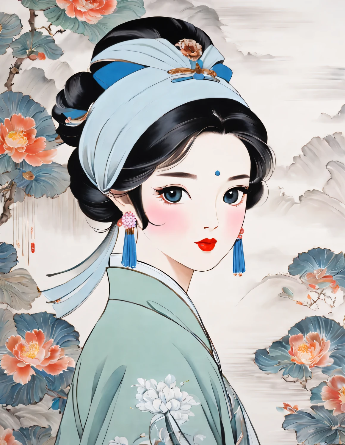 Desenho aproximado de uma mulher usando lenço na cabeça, mulher chinesa, retrato art déco, inspirado em Pan Yuliang, Obras de arte no estilo Shenglin, Menina chinesa, autor：Zhang Sengyao, Inspired por Qiu Ying, por Qiu Ying, inspirado em Tang Di, por Cheng Jiasui, rainha da china, autor：Xie Sol