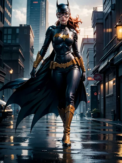 barbara gordon, anime, beauty, Batgirl clothes, Batgirl cosplay, wind effect, full body photo, prominent figure, standing on the...