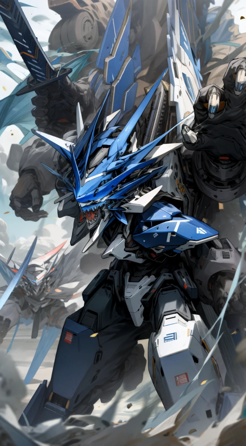 masterpiece, White and black mechs, Giant claws, Attack, Blue, Navy, holding sword