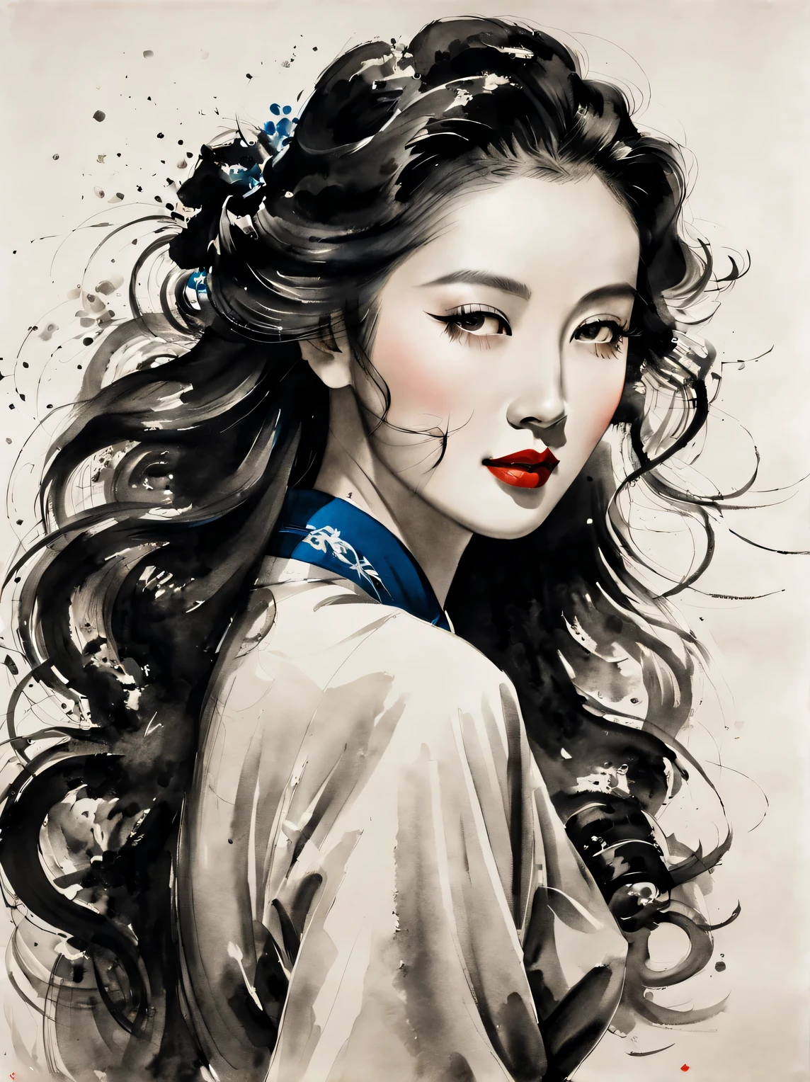 A beautiful Chinese 수묵화 portrait of a woman in the 1930s, 긴 곱슬머리와 모던한 이브닝 웨어, 중국배우 신즈레이 닮았다. 그것은 영화 촬영 기능을 갖추고 있습니다, 패션, 탑 조명, 확대, 스포트라이트, 흐릿한, 라인 아트, 수묵화, 미니멀리즘, 현대성, 인상주의, and 라인 아트,