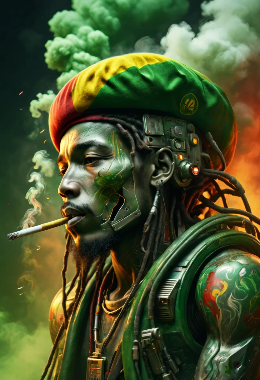 mecanismo intrincado "Mecha Bob Marley" Arte conceitual hiper-realista e surreal no estilo de Evangelion e Art Station e jogo MechWarrior. O mecha está sentado fumando um cigarro com fumaça colorida Verde, amarelo e vermelho .Há um grande símbolo hippie pacifista de metal no peito. O todo está cheio de verde, amarelo e vermelho fog. Há uma placa de maconha em seu ombro. Dreadlocks. Boina rasta tricolor. O fundo é fumaça tricolor .muitos detalhes. foco nitído. Hiperdetalização. renderização de octanas. complexidade intrincada, high contrast fotorrealista. Uma obra-prima. Incrível. épico. Luz dramática. A tricolor haze. complexidade intrincada, fotorrealista