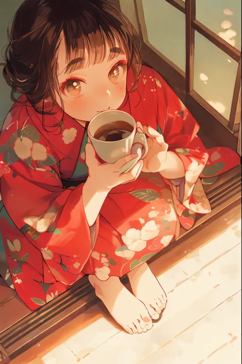 pastel color, low angle full body shot, high angle full body shot, Sitting in a Japanese-style room and drinking a latte, Camell...