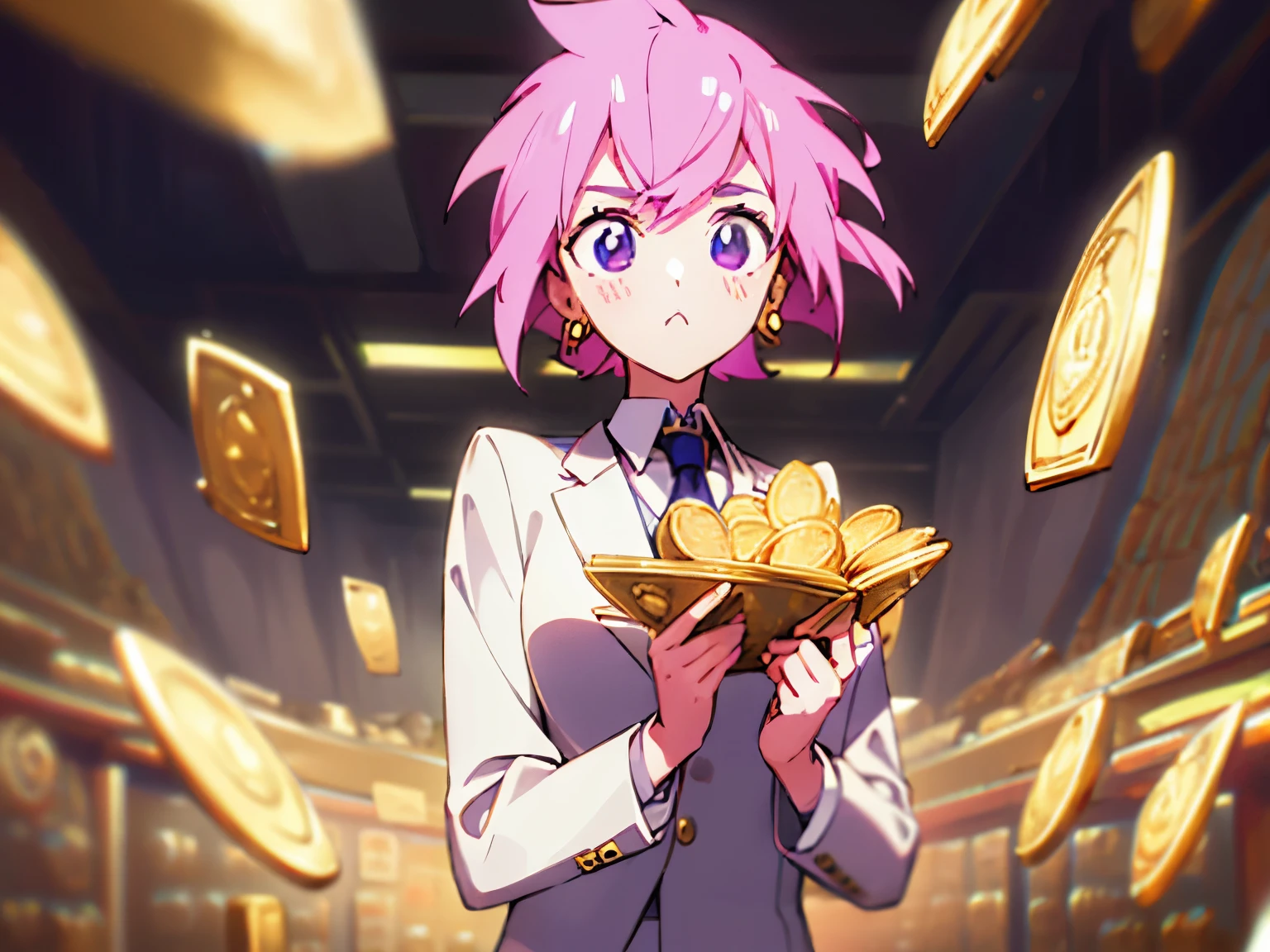 a girl，looking at the audience，jewelry，pink hair，earrings，tie，Formal wear，Suit，in office，There are gold coins on the screen，Holding gold coins in hand，