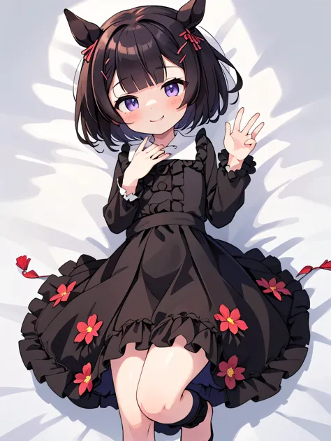 [[[​master piece]]],[[[Best Quality]]],[[[ultra-detailliert]]],masutepiece, 8K Wallpaper, Best Quality, (1girl in), Nishino Flower, Smile, Looking at the viewer, full of shyness, (Background Flowers), Reaching out, black Wear, Lying on a flower, Full body,...