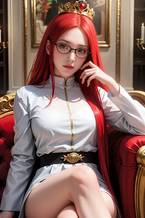 1 Girl, sitting on the classical European sofa, white skin, red hair, long hair with slight curls, red vouluminous hair, crown o...