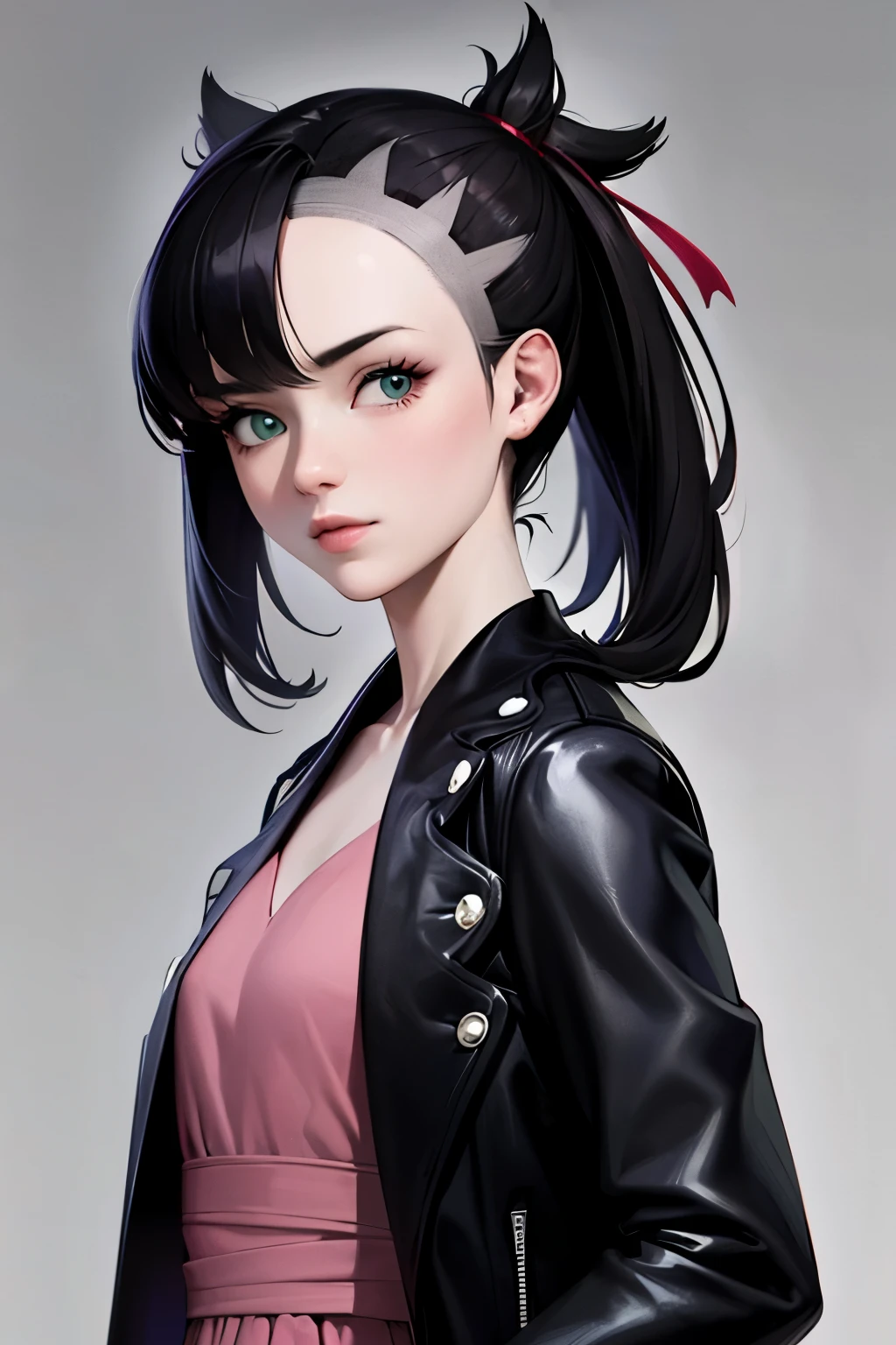 An exquisite masterpiece of top quality and high resolution featuring Marnie. Use the eyes in the image, Aqua eyes、Glowing under the dim light. black hair, much hair, Hair with volume, messy hair, only head and shoulders, magazine style, pink dress, leather jacket, russian woman, adult woman, looking at the viewer, frontal, realistic.