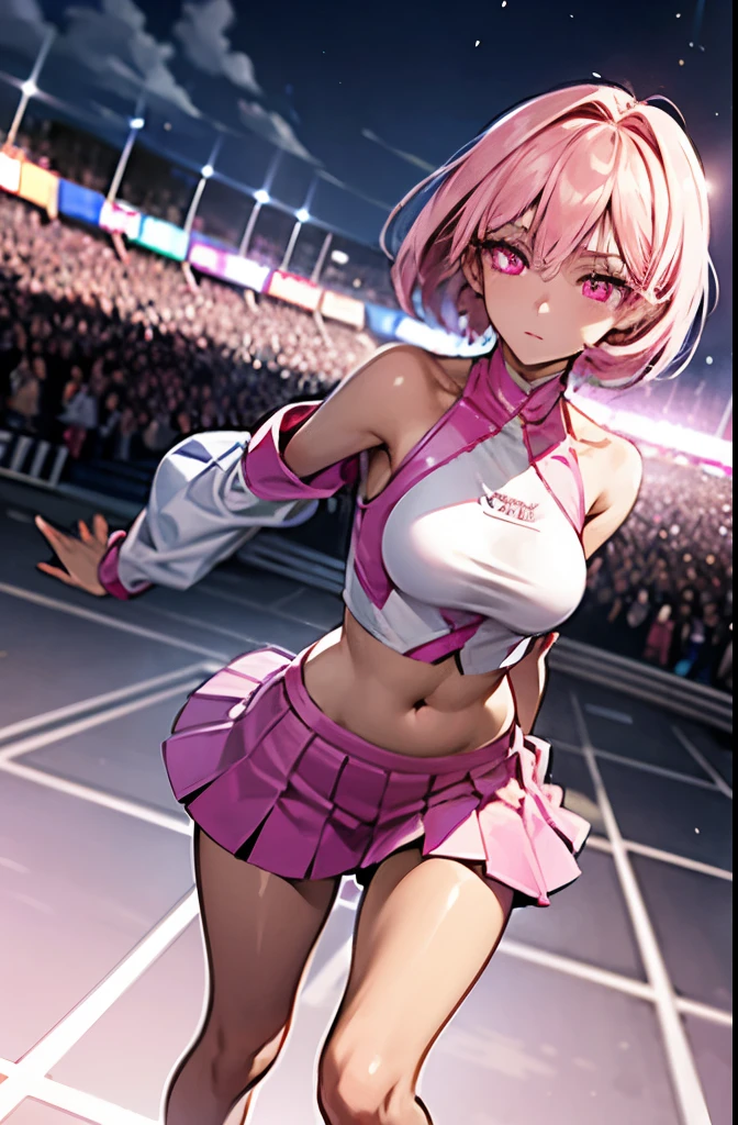 Previous Open Racing Jacket、tight outfit, close up of face, thighs thighs thighs thighs, Delicate girl, Violet crop top, Sleeveless, Violet skirt, Shiny skin, Looking at Viewer, Teen, Pixie Short Hairstyles, Cream yellow hair, shorth hair, long lashes、eyeshadows(digital anime:0.8), (Edge lighting, highest details, ighly detailed, ultra-detailliert, finely detail:0.8), [:Detailed face and eyes:10], (Lesh pink eyes:1.2), cosplayer, Random Posing, Race Queen、Uniform with logo、 Exquisite beauty、Beautiful face, Body shape of slim model, Beautiful breasts, shiny, beauty legs、wet shiny body, (((Dark brown skin beauty))), neons、Large crowds、audience、Aurora Vision、Huge stadium、Drag racing、Racing Circuit、racing car、Lower grade、Large crowds、Spectators、audience、Spectators、Large crowds、Camera Flash、Laser beam、