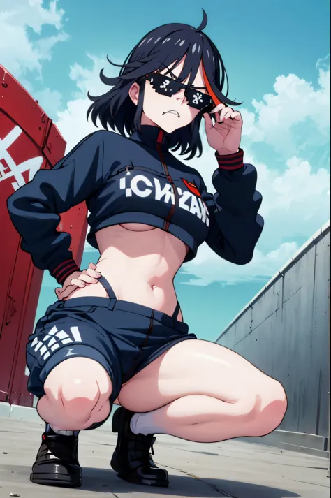 incrsdealwithit sunglasses a very confidant badass arrogant cocky boss bitch attitude  1 solo ryuuko matoi wearing chunky saggy edgy loose adidas tracksuit slav squatting with both of her hands in her pants pockets with a mean face
