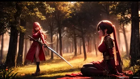 Woman in red ethnic costume holding a sword in the forest, anime wallpaper 4k, anime wallpaper 4k, 4k anime wallpaper, epic anim...