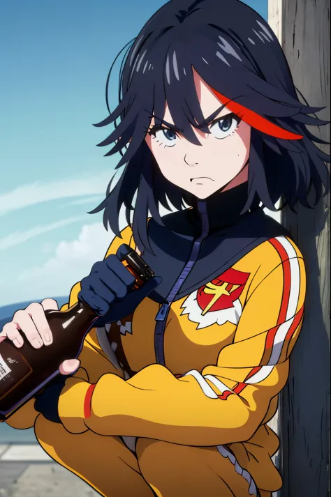 (best quality,ultra-detailed,realistic:1.37), a very confidant badass arrogant cocky boss bitch attitude Hoshino 1 solo ryuuko matoi, wearing adidas tracksuit slav squatting with both of her hands in her pants pockets with a mean face with a bottle of whis...