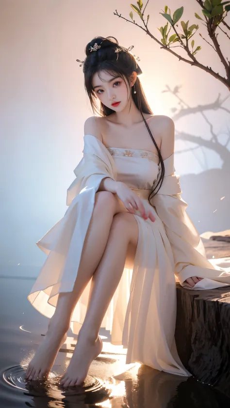 ((gufeng, bare shoulders)),(masterpiece, best quality:1.2), 1girl, solo, In the depths of Wonderland，The moonlight falls like wa...