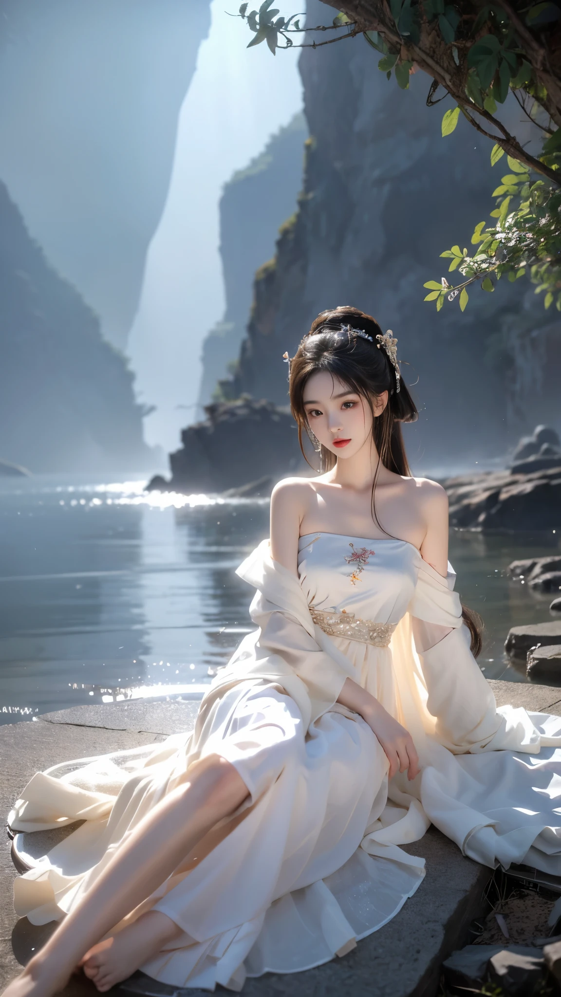 ((gufeng, bare shoulders)),(masterpiece, best quality:1.2), 1girl, 独奏, In the depths of Wonderland，The moonlight falls like water，foggy room，The figure of the heroine is vaguely visible，Just like the fairy in the painting，Slender sexy legs，Very nice legs，Leaking sexy legs，Big breasts，Beautiful with a hint of mystery。Her face is beautiful and delicate，Like finely carved jade，Showing otherworldly beauty。The eyebrows are picturesque，The waves in my eyes are like twinkling stars，Show the light of perseverance and wisdom。The bridge of the nose is straight，Lip color like cherry，The slightly raised corners of the mouth reveal confidence and calmness。Her face is well defined，The skin is as fair as jade，Reveals a healthy glow，Just like a fairy, she never eats fireworks in the world。Her makeup is light and delicate，Not too much embellishment，But enough to show her temperament and charm。Light-colored foundation brings out the transparency of the skin，A light eyebrow pencil outlines her perfect eyebrow shape，Eye makeup is eye shadow and eyeliner，Make her eyes brighter and more energetic。Lips painted with grace lipstick，Adds a bit of charm and sophistication。Her clothes are graceful and chic，Clothes flutter，It seems like it will be blown up by the wind at any time，drifting into the distance。Without losing grace，Also showed her extraordinary skills。Rocking with her movements。Her hair is tied back casually，Secure it with a hosta，A few strands of hair are fluttering gently in the wind，Adds a bit of softness。Her figure is looming in the fairyland，宛如一道Big breasts beautiful的风景线，attracted everyone&#39;s attention。She seems to be a fairy in wonderland，Big breasts beautiful、grace、mystery、and full of power。