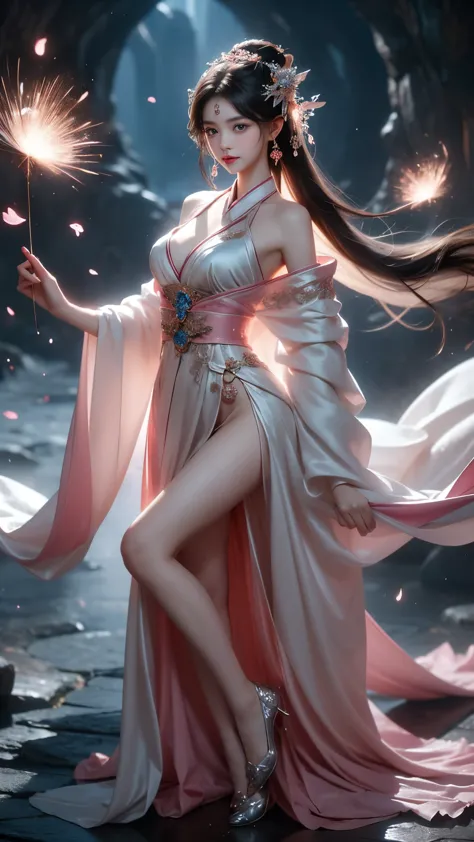 ((gufeng, bare shoulders)),(masterpiece, best quality:1.2), 1girl, solo, In the depths of Wonderland，The moonlight falls like wa...