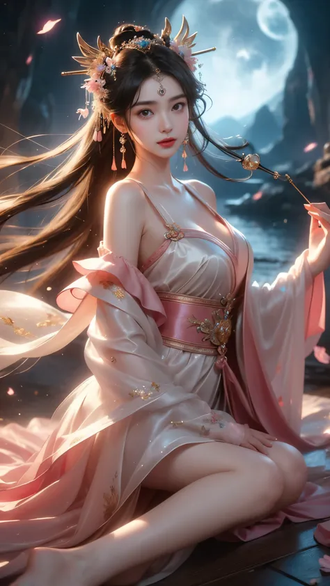 ((gufeng, bare shoulders)),(masterpiece, best quality:1.2), 1girl, solo, In the depths of Wonderland，The moonlight falls like wa...