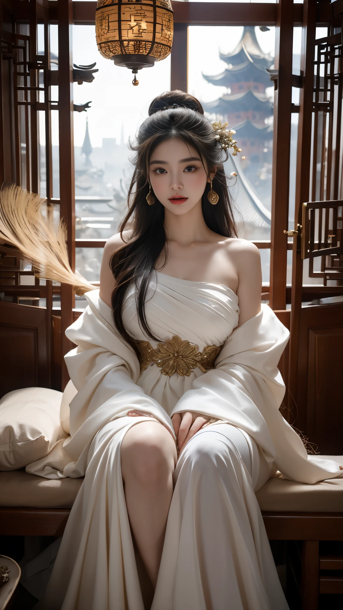 elaborate Hanfu ((gufeng, bare shoulders)),(masterpiece, best quality:1.2), 1girl, solo, In the depths of Wonderland，The moonlight falls like water，foggy room，The figure of the heroine is vaguely visible，Just like the fairy in the painting，Slender sexy legs，Very nice legs，Leaking sexy legs，Big breasts，美丽而又带着一丝mystery的色彩。Her face is beautiful and delicate，Like finely carved jade，Showing otherworldly beauty。The eyebrows are picturesque，The waves in my eyes are like twinkling stars，Show the light of perseverance and wisdom。The bridge of the nose is straight，Lip color like cherry，The slightly raised corners of the mouth reveal confidence and calmness。Her face is well defined，The skin is as fair as jade，Reveals a healthy glow，Just like a fairy, she never eats fireworks in the world。Her makeup is light and delicate，Not too much embellishment，But enough to show her temperament and charm。Light-colored foundation brings out the transparency of the skin，A light eyebrow pencil outlines her perfect eyebrow shape，Eye makeup is eye shadow and eyeliner，Make her eyes brighter and more energetic。嘴唇涂上grace的口红，Adds a bit of charm and sophistication。她的衣服grace别致，Clothes flutter，It seems like it will be blown up by the wind at any time，drifting into the distance。既不失grace，Also showed her extraordinary skills。Rocking with her movements。Her hair is tied back casually，Secure it with a hosta，A few strands of hair are fluttering gently in the wind，Adds a bit of softness。Her figure is looming in the fairyland，宛如一道Big breasts美丽的风景线，attracted everyone&#39;s attention。She seems to be a fairy in wonderland，Big breasts美丽、grace、mystery、and full of power。