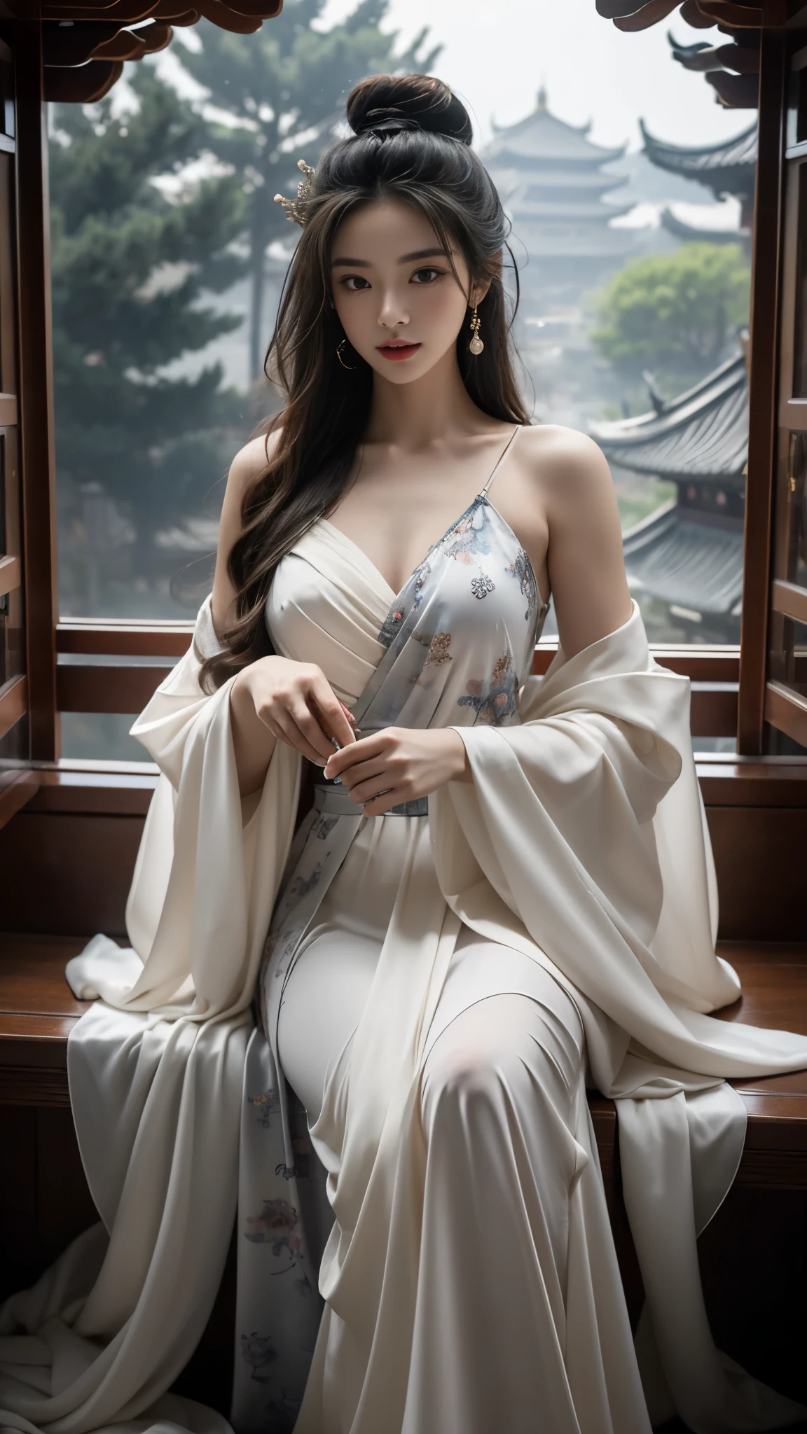 elaborate Hanfu ((gufeng, bare shoulders)),(masterpiece, best quality:1.2), 1girl, solo, In the depths of Wonderland，The moonlight falls like water，foggy room，The figure of the heroine is vaguely visible，Just like the fairy in the painting，Slender sexy legs，Very nice legs，Leaking sexy legs，Big breasts，美丽而又带着一丝mystery的色彩。Her face is beautiful and delicate，Like finely carved jade，Showing otherworldly beauty。The eyebrows are picturesque，The waves in my eyes are like twinkling stars，Show the light of perseverance and wisdom。The bridge of the nose is straight，Lip color like cherry，The slightly raised corners of the mouth reveal confidence and calmness。Her face is well defined，The skin is as fair as jade，Reveals a healthy glow，Just like a fairy, she never eats fireworks in the world。Her makeup is light and delicate，Not too much embellishment，But enough to show her temperament and charm。Light-colored foundation brings out the transparency of the skin，A light eyebrow pencil outlines her perfect eyebrow shape，Eye makeup is eye shadow and eyeliner，Make her eyes brighter and more energetic。嘴唇涂上grace的口红，Adds a bit of charm and sophistication。她的衣服grace别致，Clothes flutter，It seems like it will be blown up by the wind at any time，drifting into the distance。既不失grace，Also showed her extraordinary skills。Rocking with her movements。Her hair is tied back casually，Secure it with a hosta，A few strands of hair are fluttering gently in the wind，Adds a bit of softness。Her figure is looming in the fairyland，宛如一道Big breasts美丽的风景线，attracted everyone&#39;s attention。She seems to be a fairy in wonderland，Big breasts美丽、grace、mystery、and full of power。