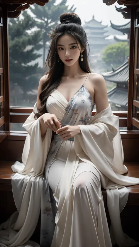 elaborate hanfu ((gufeng, bare shoulders)),(masterpiece, best quality:1.2), 1girl, solo, in the depths of wonderland，the moonlig...