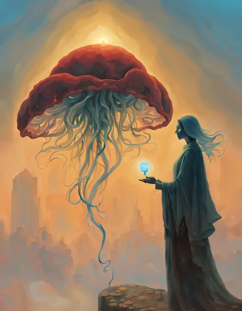 ptm0 a painting of a woman without a face made out of stone with a light in her hand and jellyfish in the background, with a sky background, Art of Brom, magic the gathering artwork, an ultrafine detailed painting, fantasy art surreal beksinkski