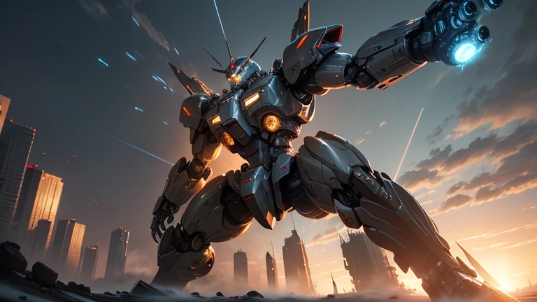 ultra-detailed,realistic,mecha warrior,metallic armor,shiny surfaces,glowing eyes,sharp edges,high-tech weaponry,battlefield,explosions,dynamic action,sci-fi concept art,post-apocalyptic setting,ruined cityscape,dark and moody lighting,vivid colors,mechanical joints and hydraulics,mecha's pilot inside the cockpit,cool poses and stances,mecha's silhouette against the sunset,epic showdown with another mecha,powering up with energy beams,strong and powerful presence,destructive and powerful abilities,city in ruins,heavy artillery,advanced technology,enhanced mechanical enhancements,futuristic gadgets,giant robotic proportions,mecha's insignia on its chest,emblem of honor and courage,worn out and battle-scarred design,high-level mechanical details,massive mecha gears,mechatronic systems,sensory sensors,intense and dynamic movements