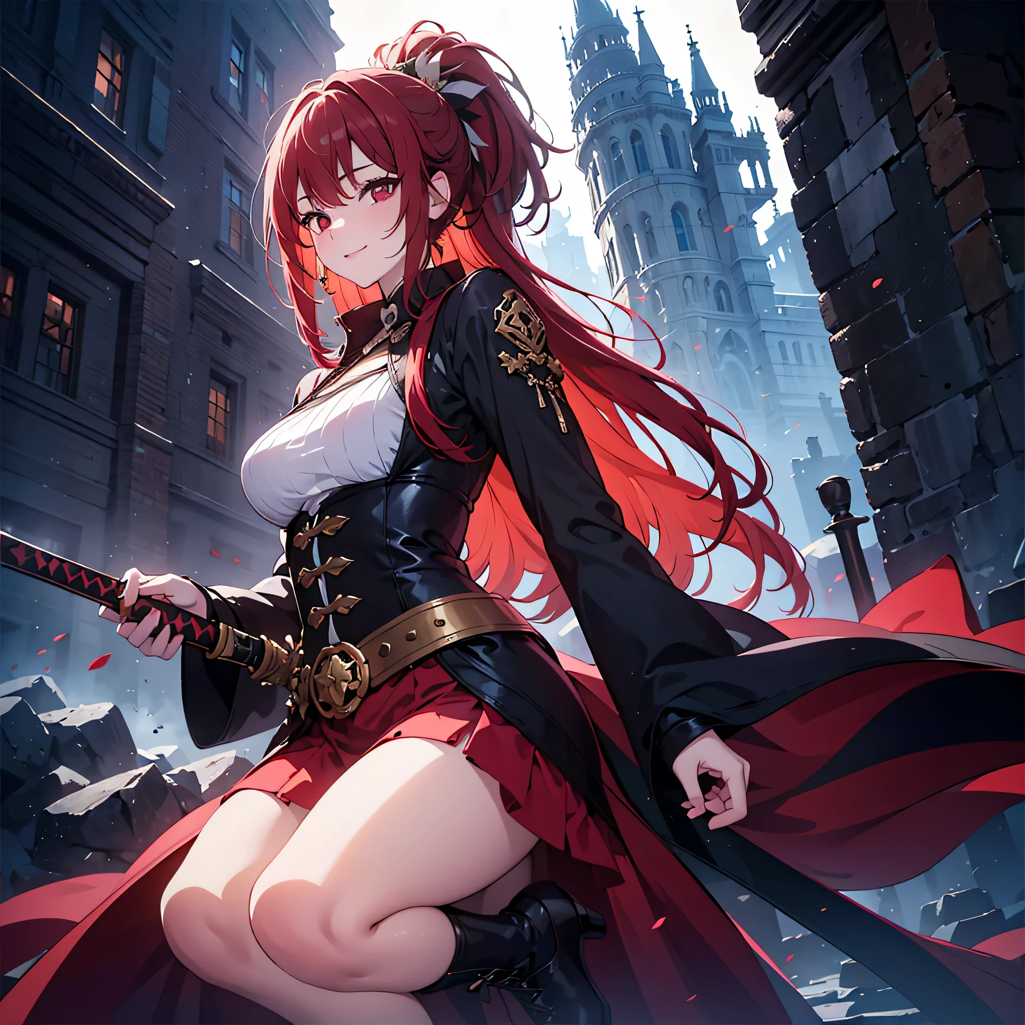 (masterpiece, highest quality,8K quality) adult woman, married woman, red long hair，red long skirt, He has a black sheath in one hand., black high long boots with a sword, wife, Wearing black mage robes, 50 year old woman looking away, detailed face, fine eyes, 暗赤colorの目, thin droopy eyes, {{{narrow eyes}}}, Long contour, action movie, cute smile, {{{Drive through a steampunk steel factory}}}, straight bangs, great writing background, fantasy background,City of electricity and smoke, long red hair ponytail, gothic, big breasts, portrait from the knees up, color, cinematic lighting, highly detailed face, detailed face, beautiful face, beautiful eyes, perfect lighting,parted bangs, written boundary depth, realistic proportions, excellent anatomy,makeup gremory, small details. girl&#39;face,destiny style, Trending on Art Station pixiv, Seductive Anime Woman, video game, A soft smile with a closed mouth, Beautiful woman,{{{Do Parkour}}}, A squishy smile,