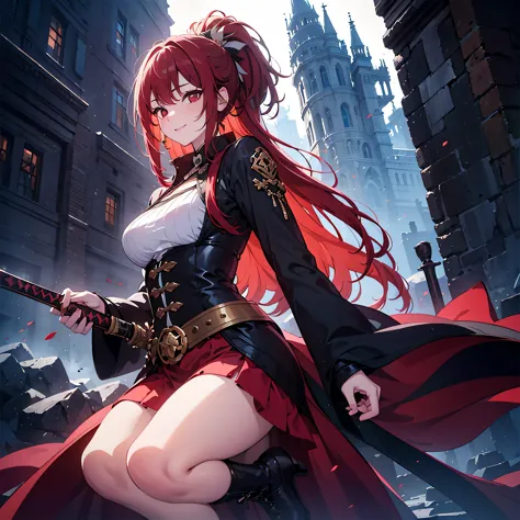(masterpiece, highest quality,8K quality) adult woman, married woman, red long hair，red long skirt, He has a black sheath in one...