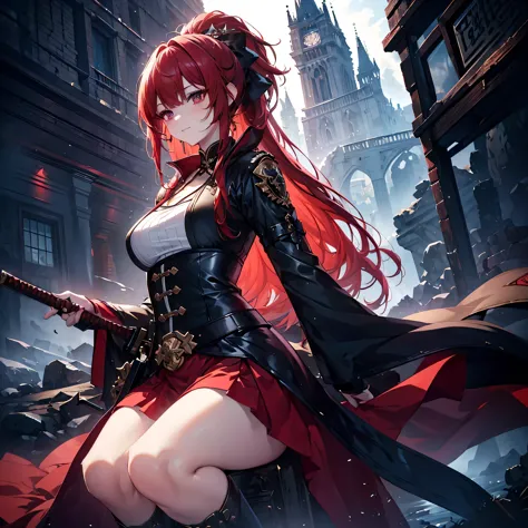 (masterpiece, highest quality,8K quality) adult woman, married woman, red long hair，red long skirt, Multiple white lights shine like lines, black high long boots, wife, Wearing black mage robes, The 50-year-old queen looks away from the side, detailed face...