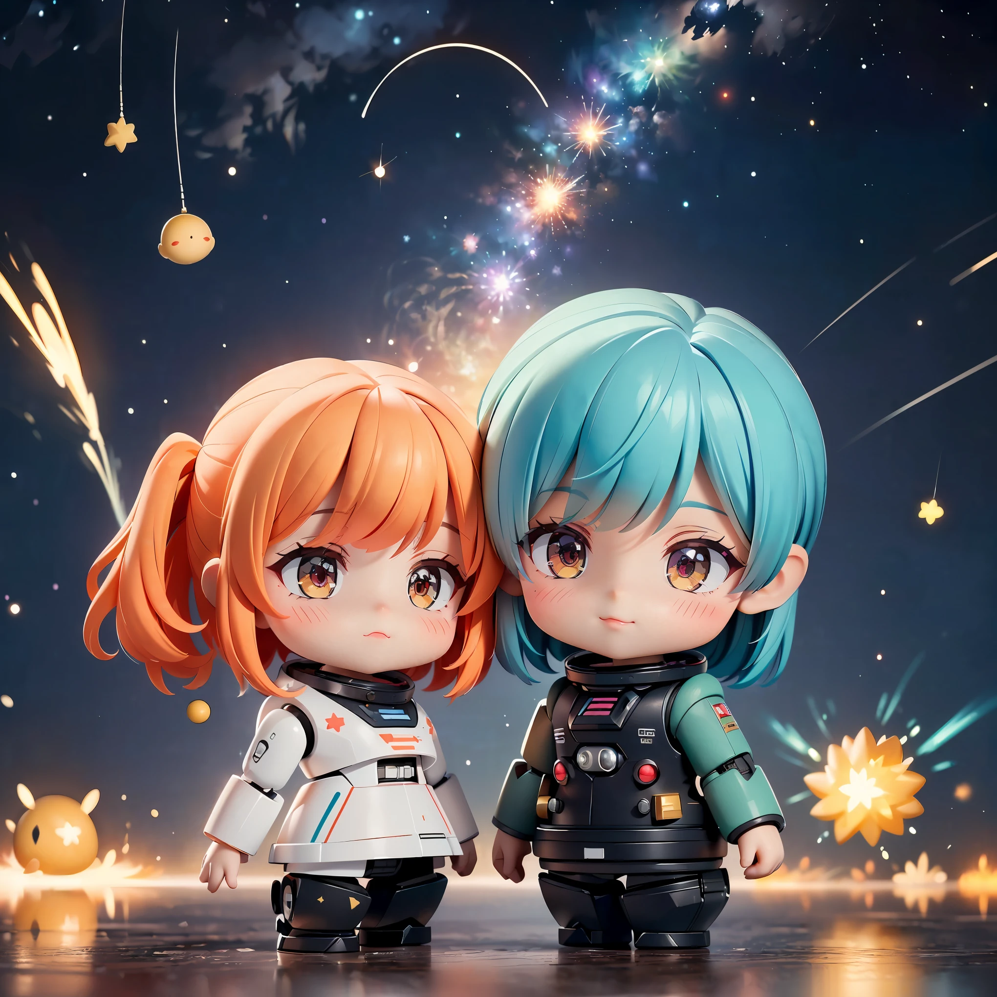 (8K, RAW photo, 最high quality, masterpiece:1.2), High-definition RAW color photo, Professional photo shoot, cinematic light, ((Chibichara, Nendoroid)), detailed robot in outer space, mecha suit, advanced technology, Metallic body, hall々and presence, glowing red eyes, elaborate design, Smooth and streamlined body, Attitude control in zero gravity, heavy weapon equipment, vast background of stars and galaxies, (((interstellar battle scene, Dynamic and lively composition, Colorful nebulae, cosmic ray particles, explosion and energy blast))), background bokeh, high quality, surreal, bright colors, ((very detailed, photo shoot)),