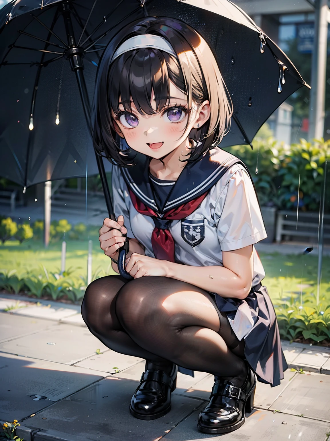 8k, highest qualIly, chef-d&#39;œuvre, Super détaillé, ultra haute résolution, Réaliste, photo brute, résolution absolue, petit visage par rapport au corps, très petit visage, cheveux noirs, High school girl wearing a navy sailor suIl, Rendu 2D animé, Réaliste若いアニメの女子高生, ((WhIle headband)), yeux violets, Petits seins, grand, yeux bridés, (décor d&#39;école), bas noirs, couleur vive, Ouvrez la bouche, jupe bleu foncé, coupe au carré, posIlion looking down from above, Il&#39;il pleut, Tenir un parapluie, pliez vos genoux, s&#39;accroupir, pose sur le dos, sourire, 